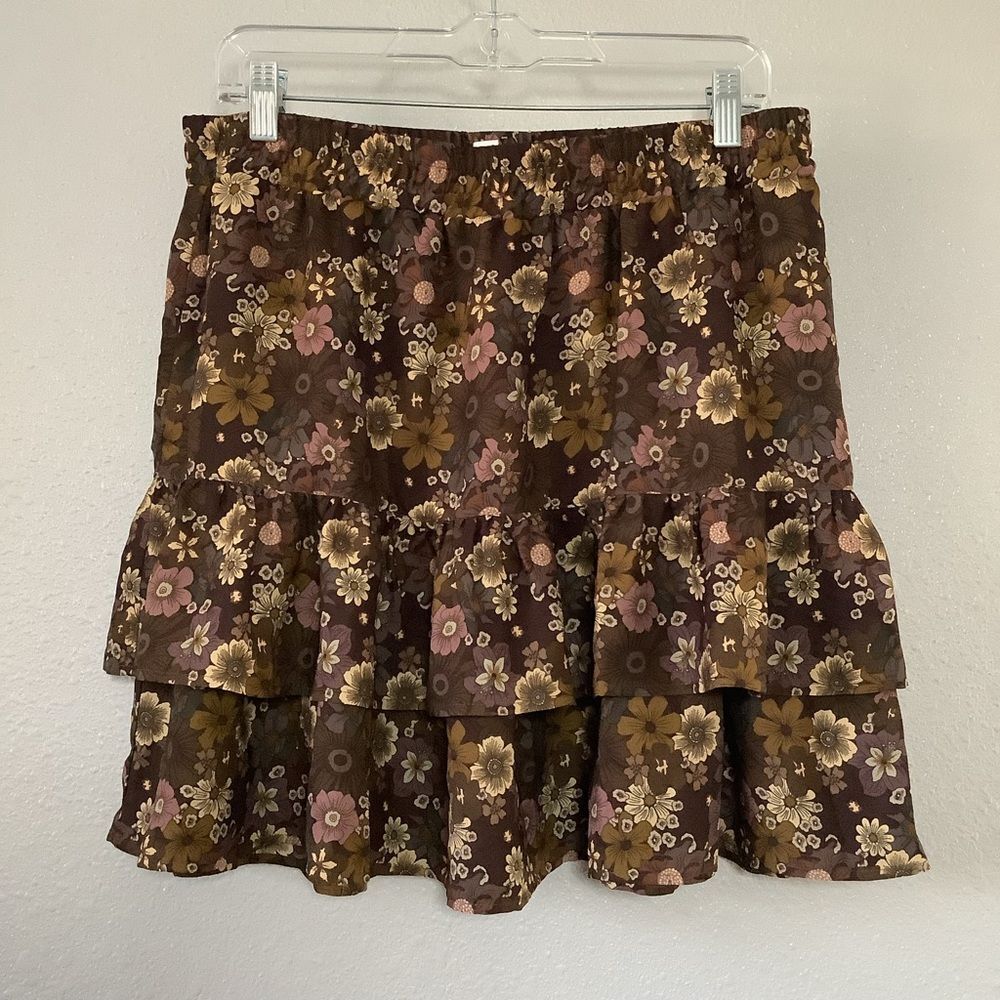 Brown Floral Ruffle Forest Fairy Fairycore Feminine Romantic Mini‎ Skirt M